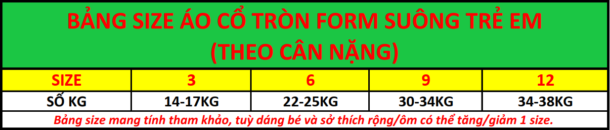 bảng size áo cổ tròn form suông trẻ em theo cân nặng